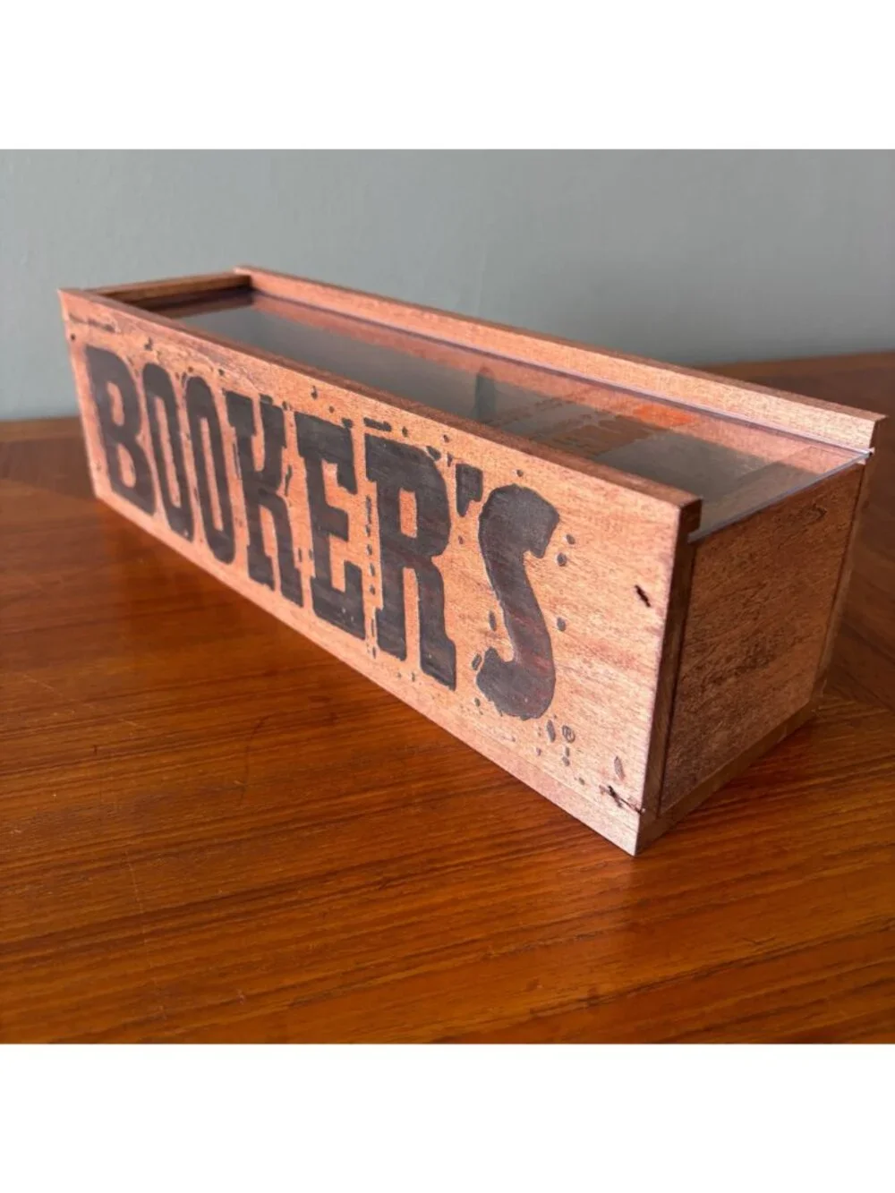 Bookers Bourbon Wooden Box Empty Plexiglass Lid 14x4 Craft Wine Whiskey Case